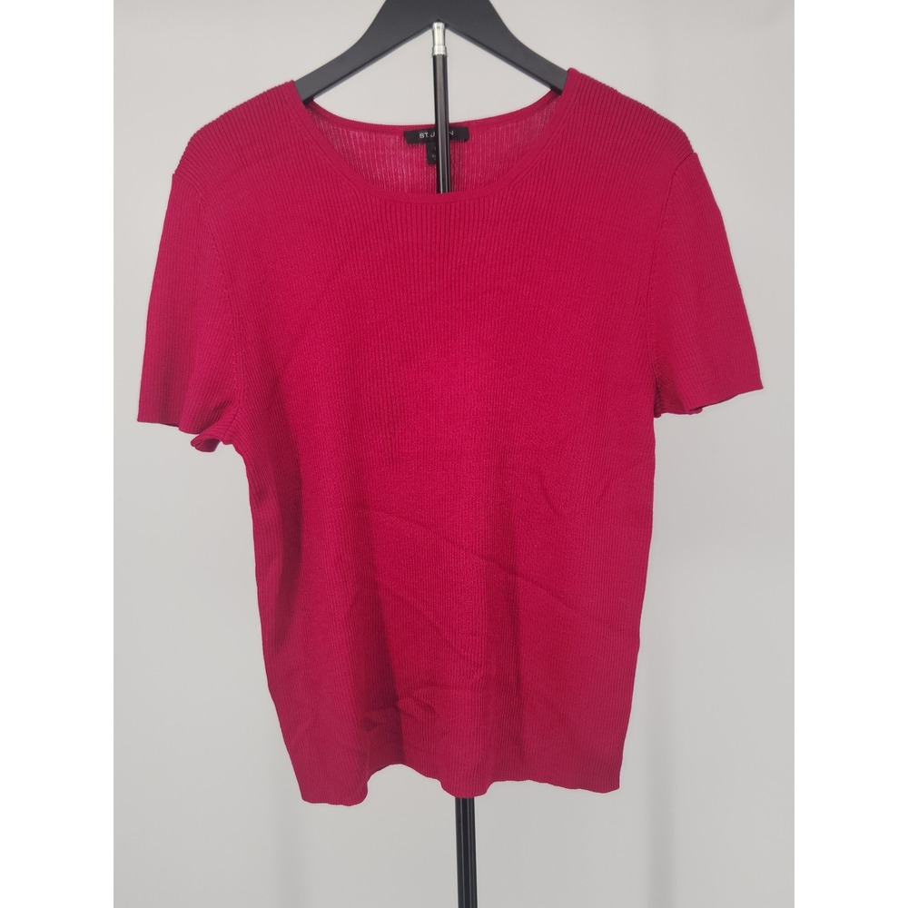 St. John Magenta Pink Ribbed Wool Blend Short Sleeve Knit Top XL